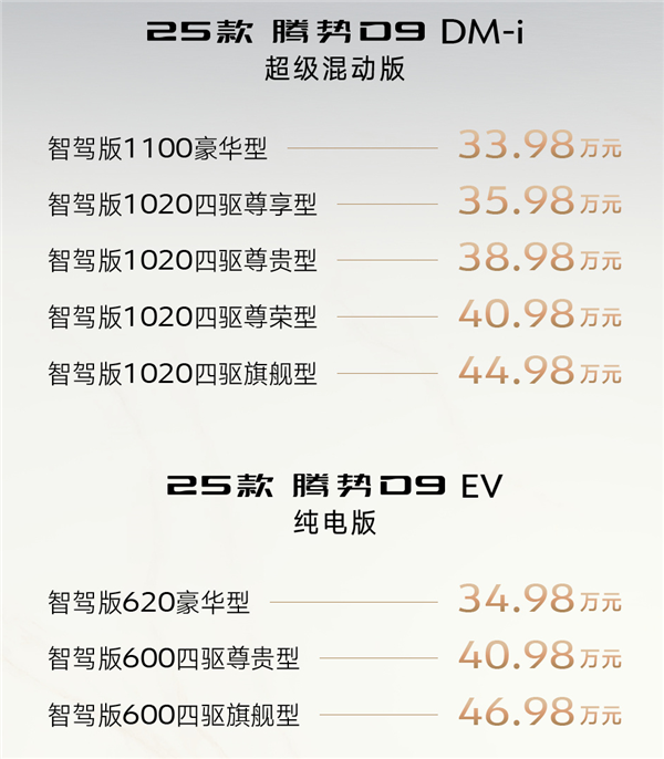 全系標配天神之眼！2025款騰勢D9上市：33.98萬元起